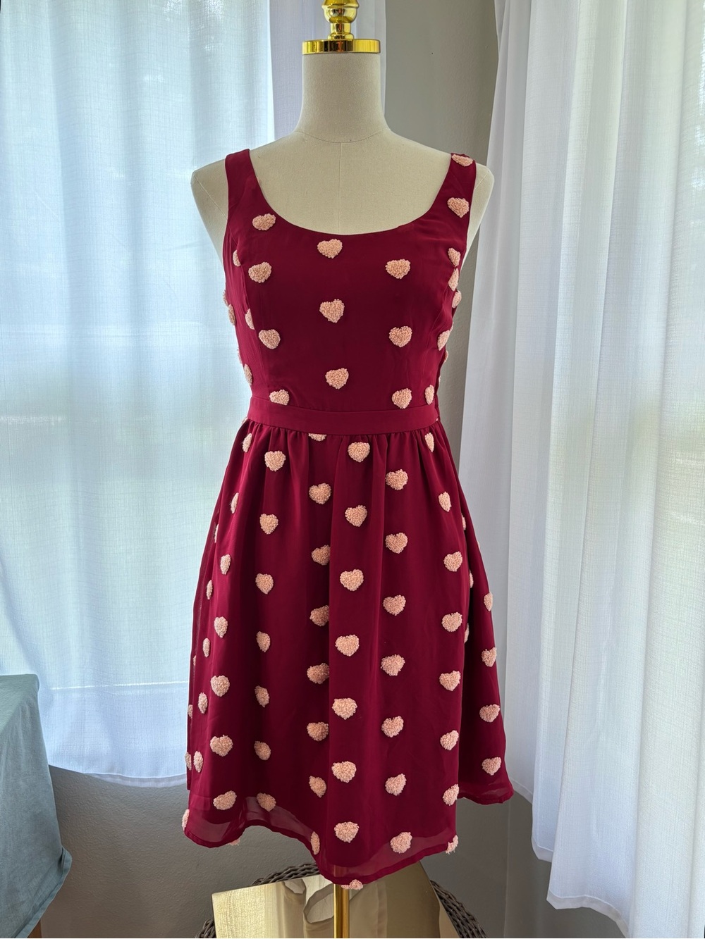 ModCloth Wine Red Dress with Pink Heart Details - Picture 1 of 9